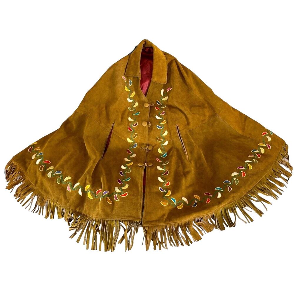 Vintage Leather Fringe Embroidered Cape Western Indian One Size Large - Picture 2 of 16